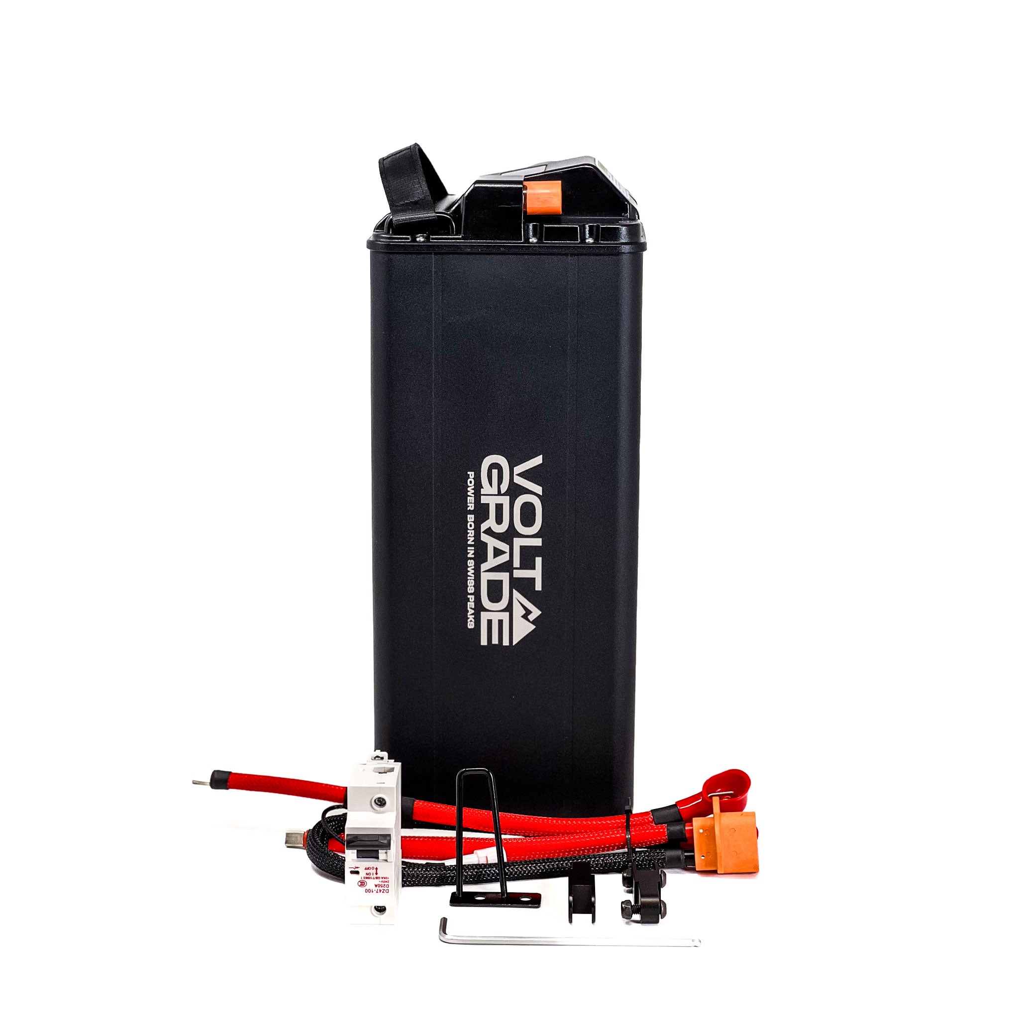 Side view of the VoltGrade Sur Ron Light Bee 72v 45ah battery upgrade with power harness and breaker