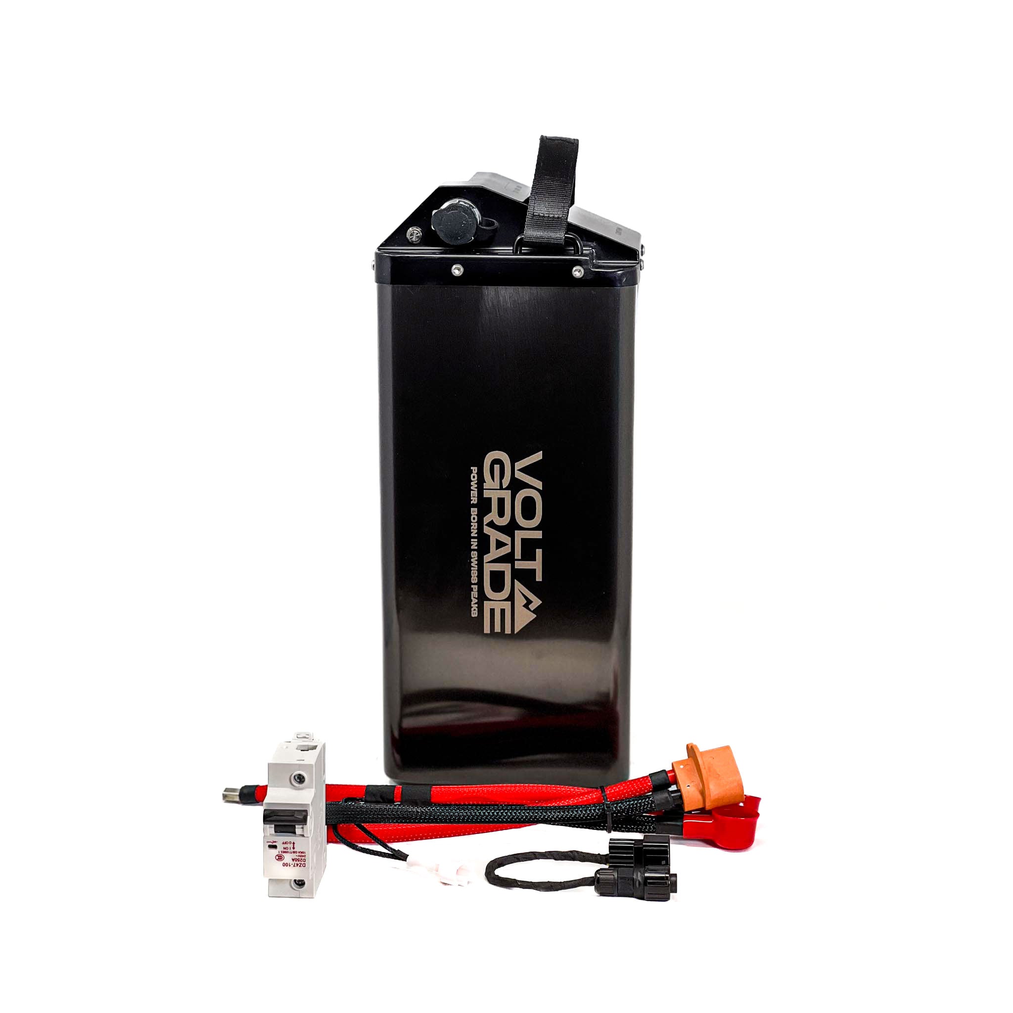 Side view of the VoltGrade Talaria Sting MX3 MX4 MX5 72v 42ah battery upgrade with power harness and breaker full kit